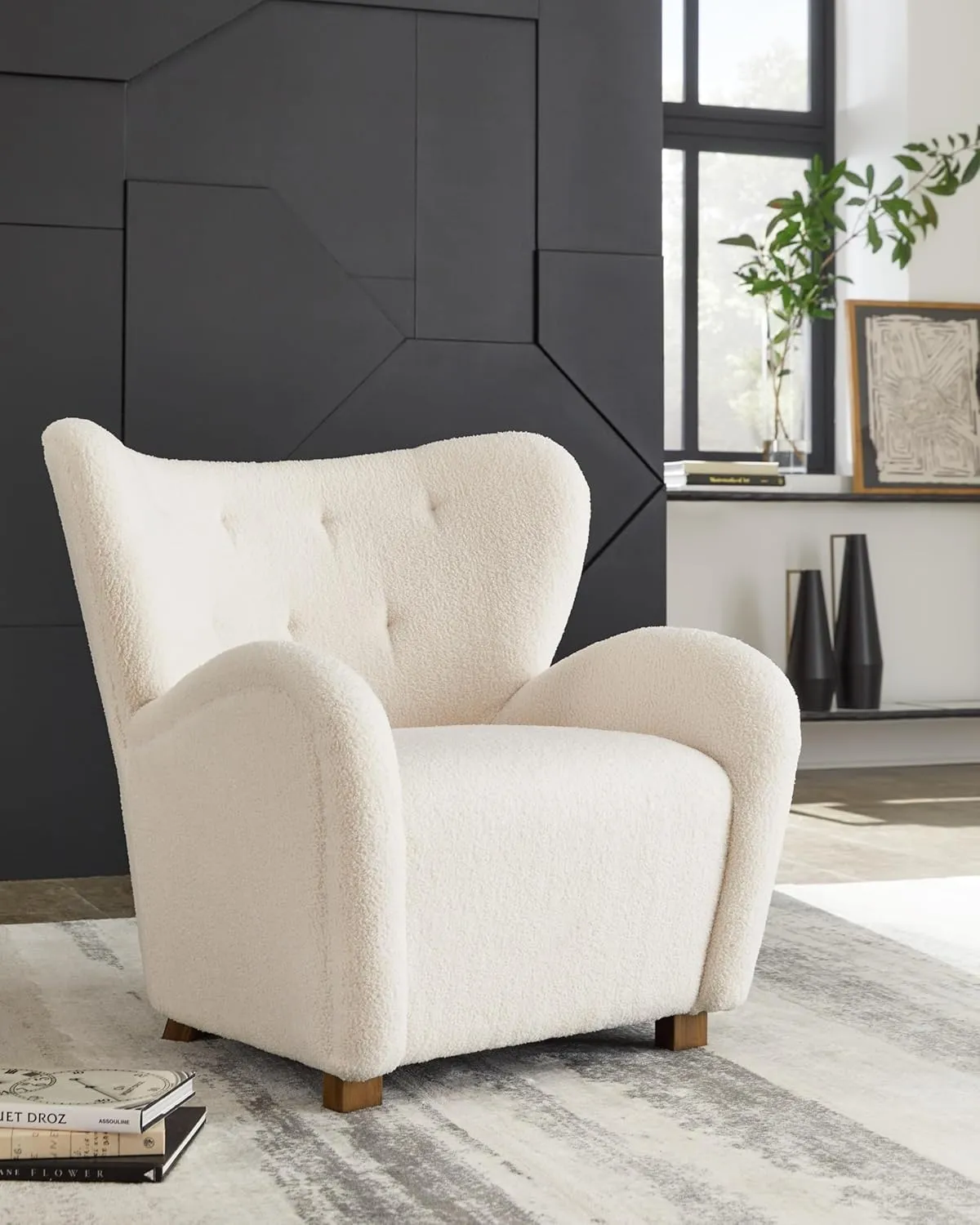 Signature Design by Ashley Larbell Contemporary Faux Shearling Tufted Upholstered Accent Chair with Wingback, White