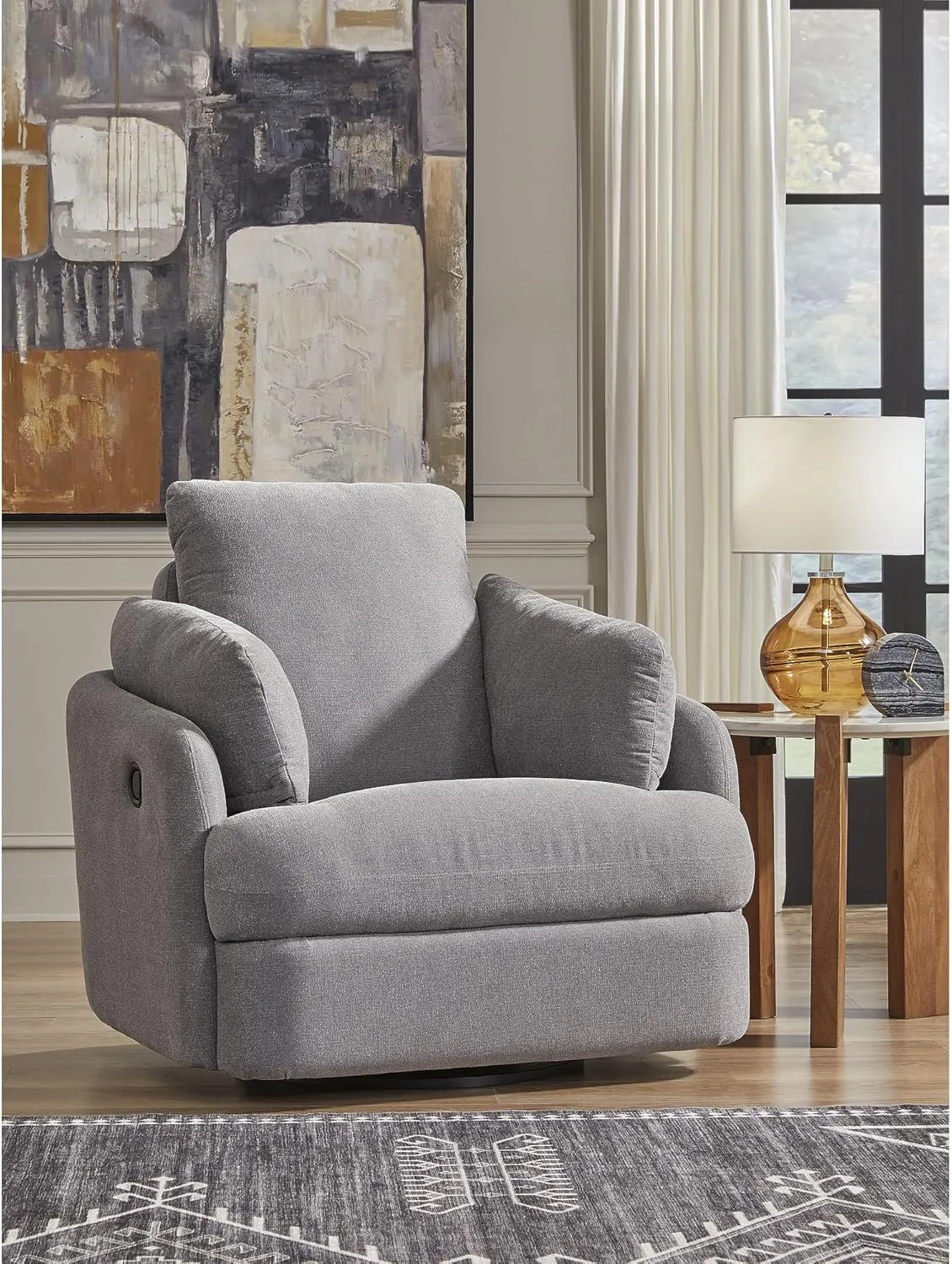 Signature Design by Ashley Modmax Contemporary Indoor Upholstered Press-Back Rocker Swivel Glider Recliner with Hidden Storages, Light Gray