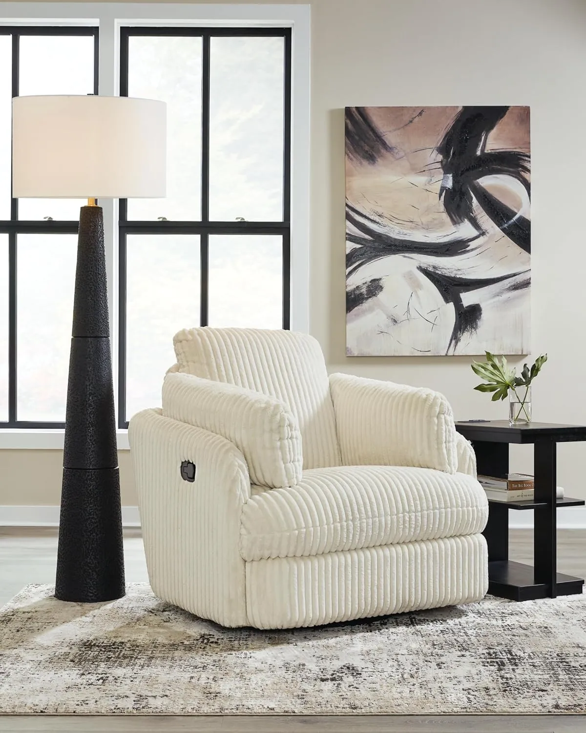 Signature Design by Ashley Tie-Breaker Contemporary Manual Press-Back Swivel Glider Rocker Recliner with 2 Bolster Pillows and Hidden Storage, White