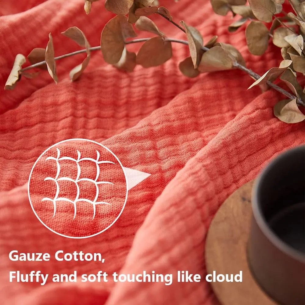 Simple&Opulence Cotton Muslin Throw Blanket for Bed, Couch, Knit Woven Gauze Blanket with Tassels, Soft Lightweight Cozy Pre-Washed Breathable Farmhouse Decoration for All-Season (Coral Red)