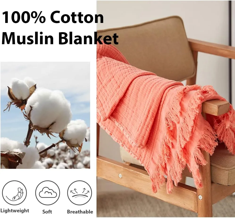 Simple&Opulence Cotton Muslin Throw Blanket for Bed, Couch, Knit Woven Gauze Blanket with Tassels, Soft Lightweight Cozy Pre-Washed Breathable Farmhouse Decoration for All-Season (Coral Red)