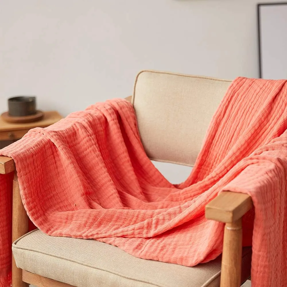 Simple&Opulence Cotton Muslin Throw Blanket for Bed, Couch, Knit Woven Gauze Blanket with Tassels, Soft Lightweight Cozy Pre-Washed Breathable Farmhouse Decoration for All-Season (Coral Red)