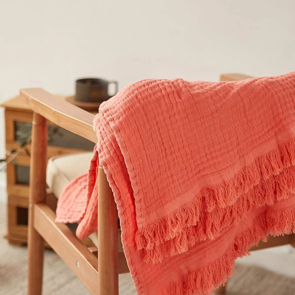 Simple&Opulence Cotton Muslin Throw Blanket for Bed, Couch, Knit Woven Gauze Blanket with Tassels, Soft Lightweight Cozy Pre-Washed Breathable Farmhouse Decoration for All-Season (Coral Red)