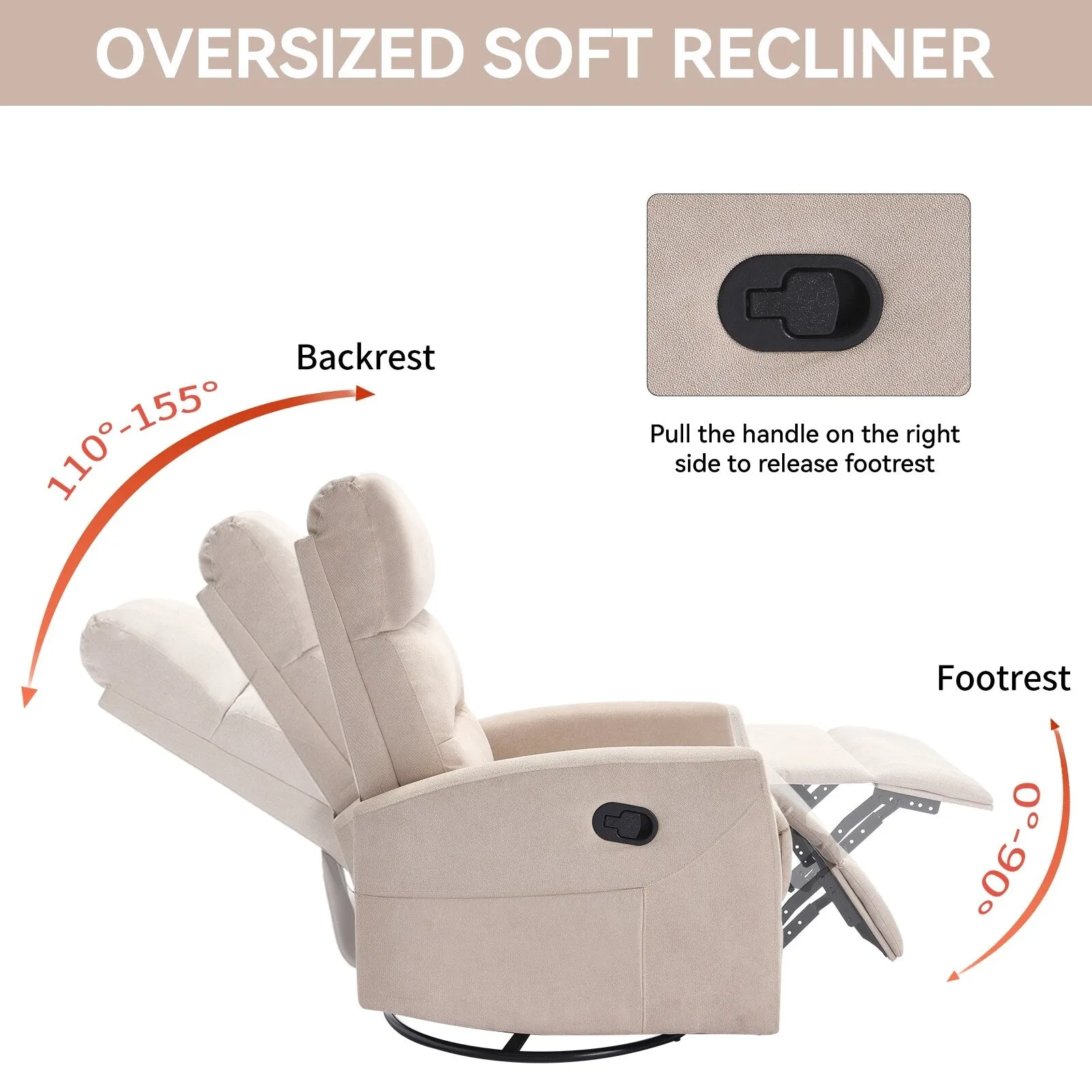 Single Manual Recliner Sofa for Adults, 360° Swivel Rocker Fabric Recliner with Cushion Back and Square Arms, Nursery Chairs