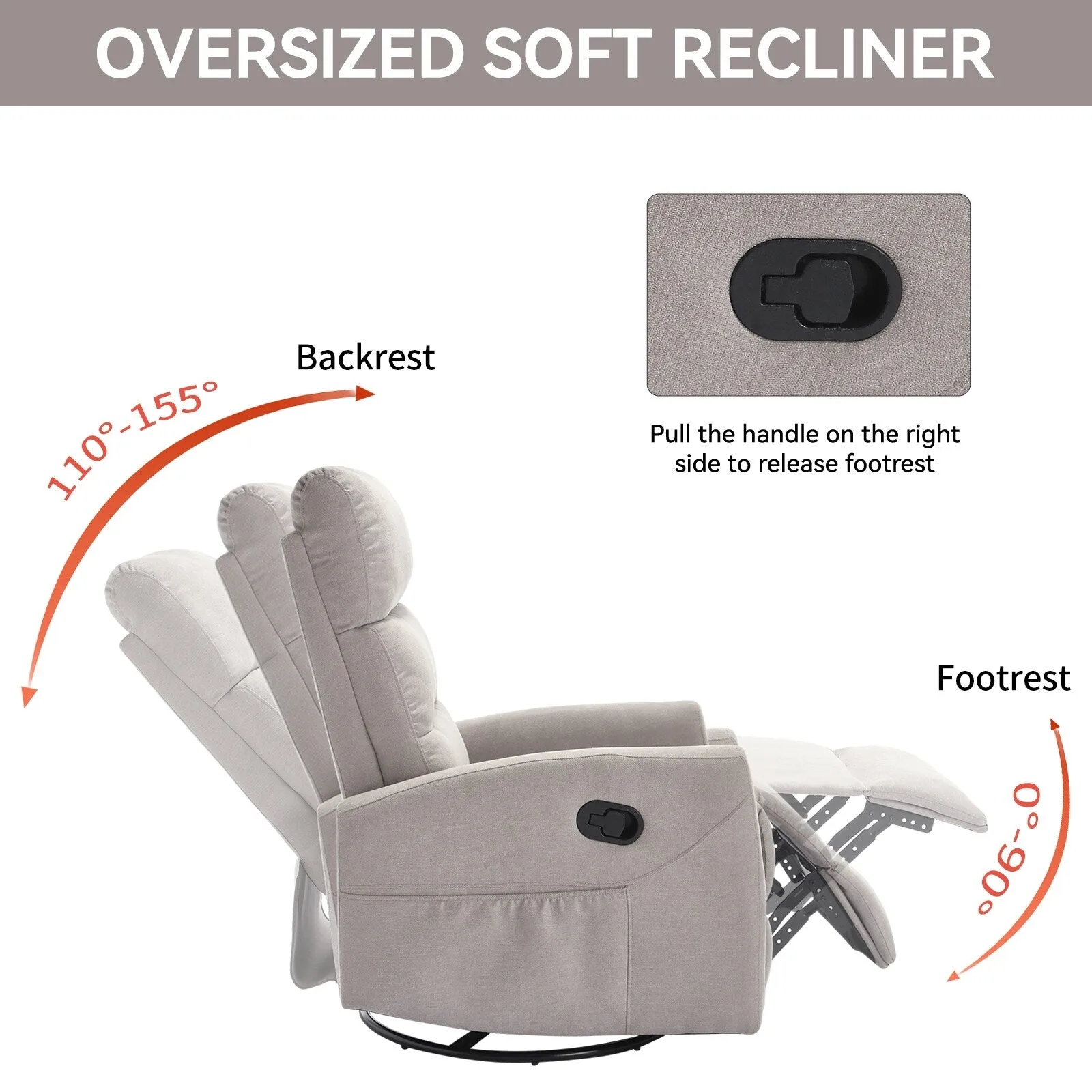 Single Manual Recliner Sofa for Adults, 360° Swivel Rocker Fabric Recliner with Cushion Back and Square Arms, Nursery Chairs