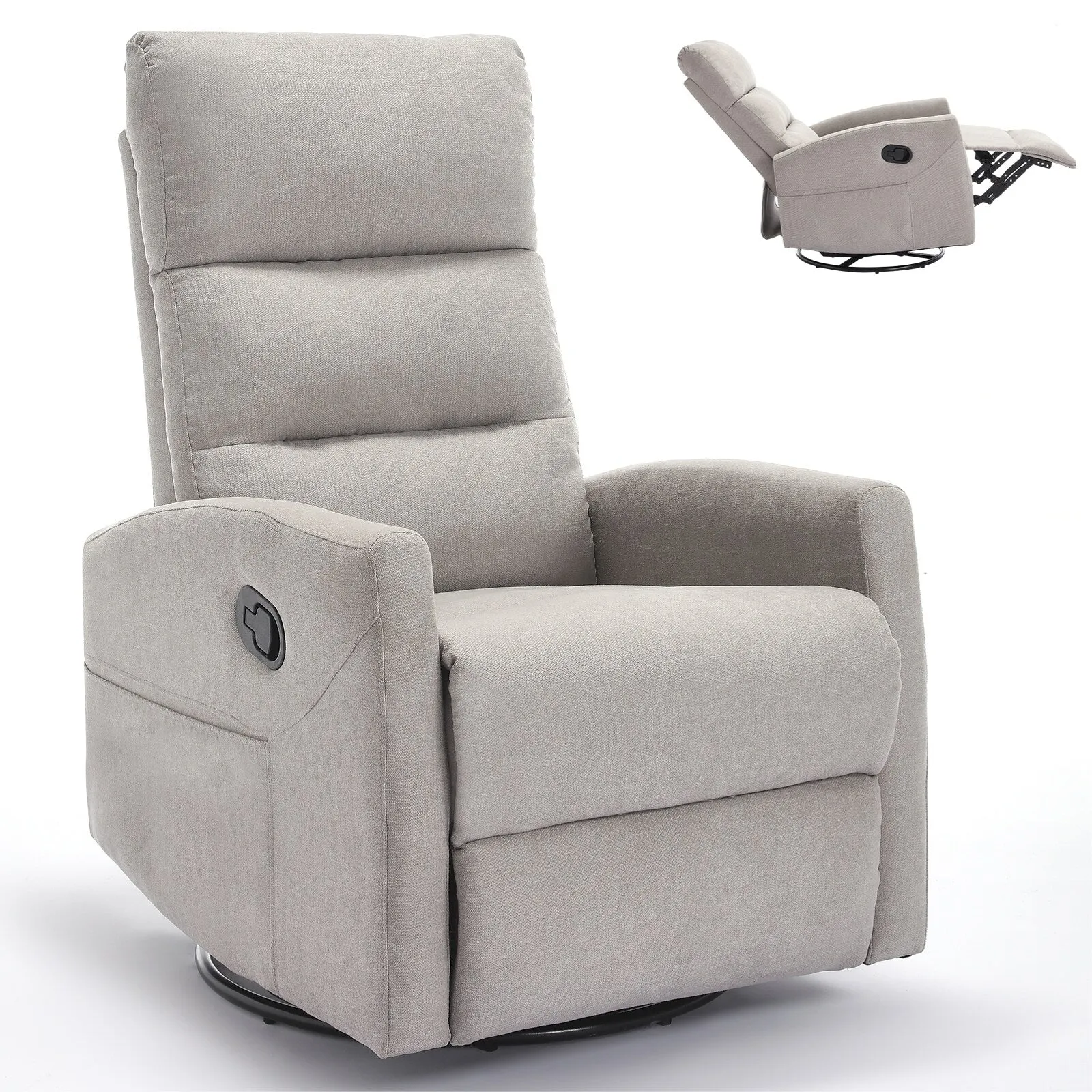 Single Manual Recliner Sofa for Adults, 360° Swivel Rocker Fabric Recliner with Cushion Back and Square Arms, Nursery Chairs