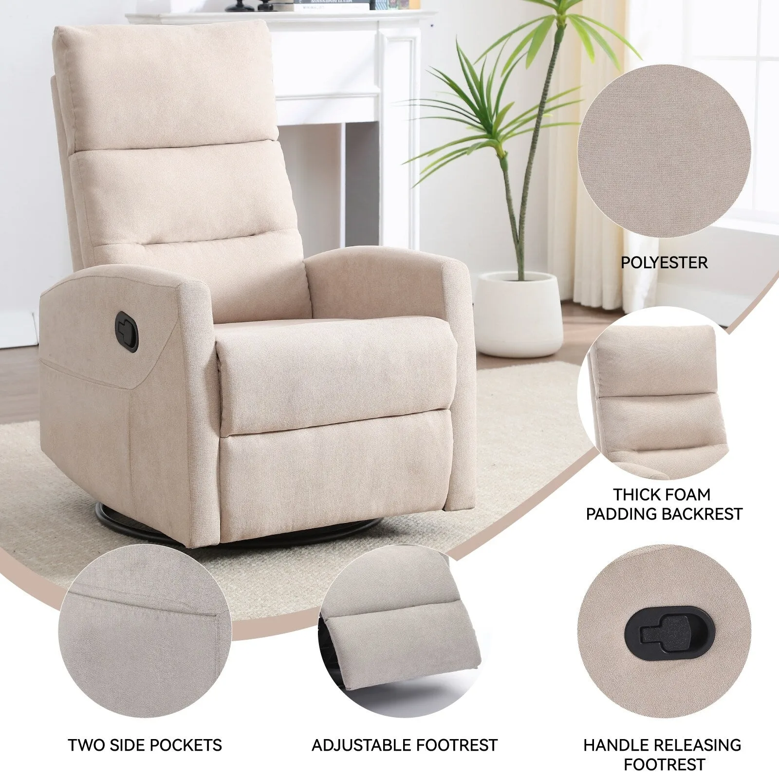 Single Manual Recliner Sofa for Adults, 360° Swivel Rocker Fabric Recliner with Cushion Back and Square Arms, Nursery Chairs