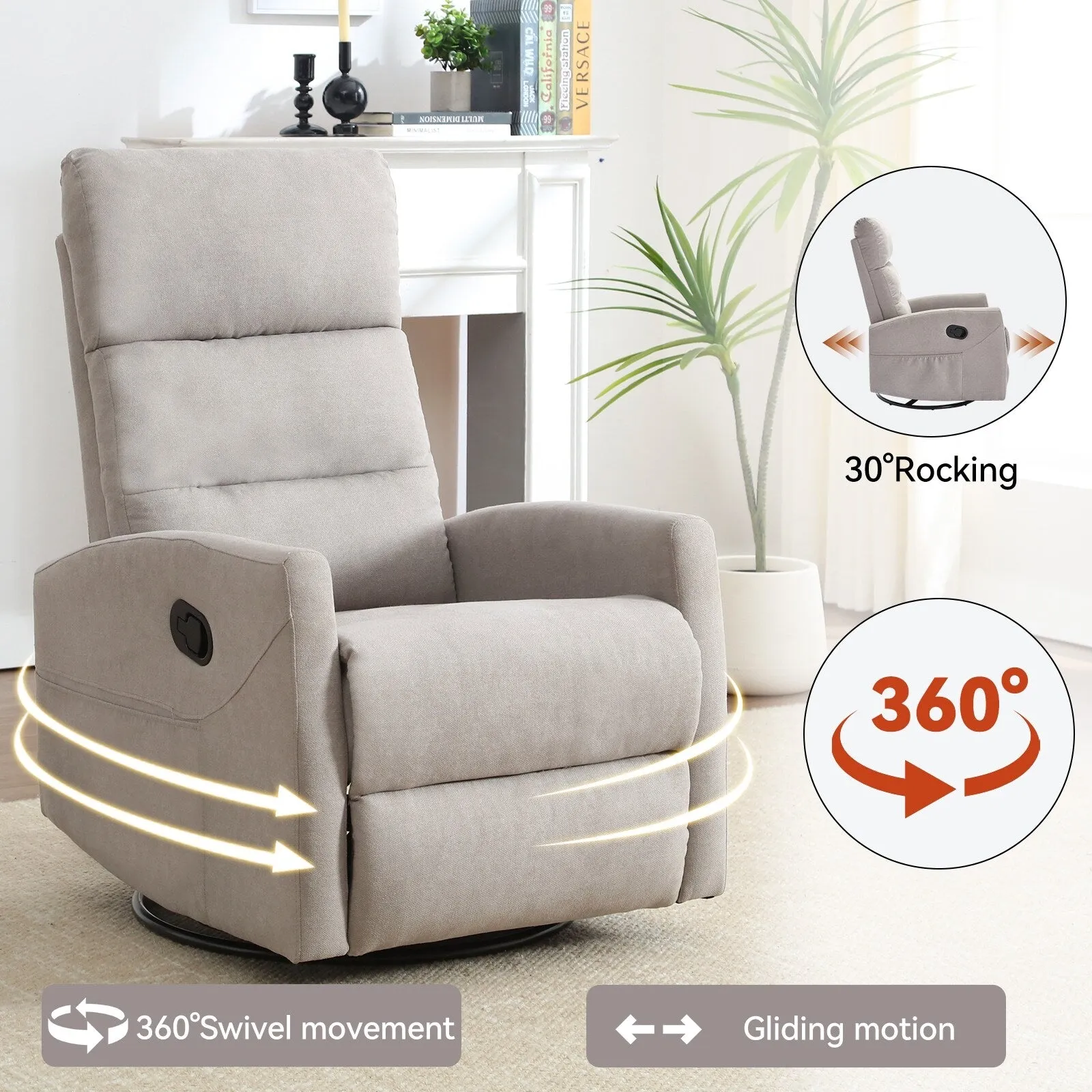 Single Manual Recliner Sofa for Adults, 360° Swivel Rocker Fabric Recliner with Cushion Back and Square Arms, Nursery Chairs