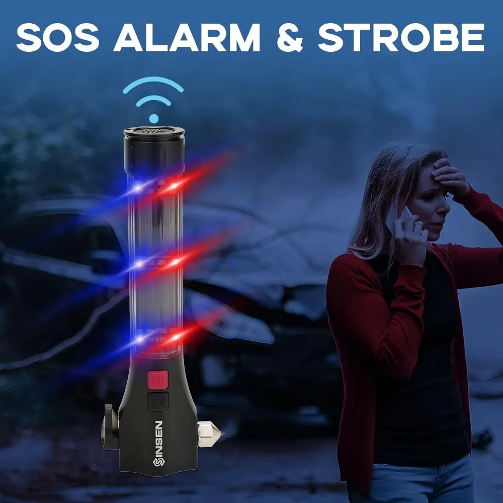 SINSEN Car Safety Hammer Flashlight, Tactical Emergency Rescue Tool, LED High Lumens Rechargeable Solar Powered Escape Kit, Window Glass Breaker and Seatbelt Cutter, Self Defense Multi-Function Torch