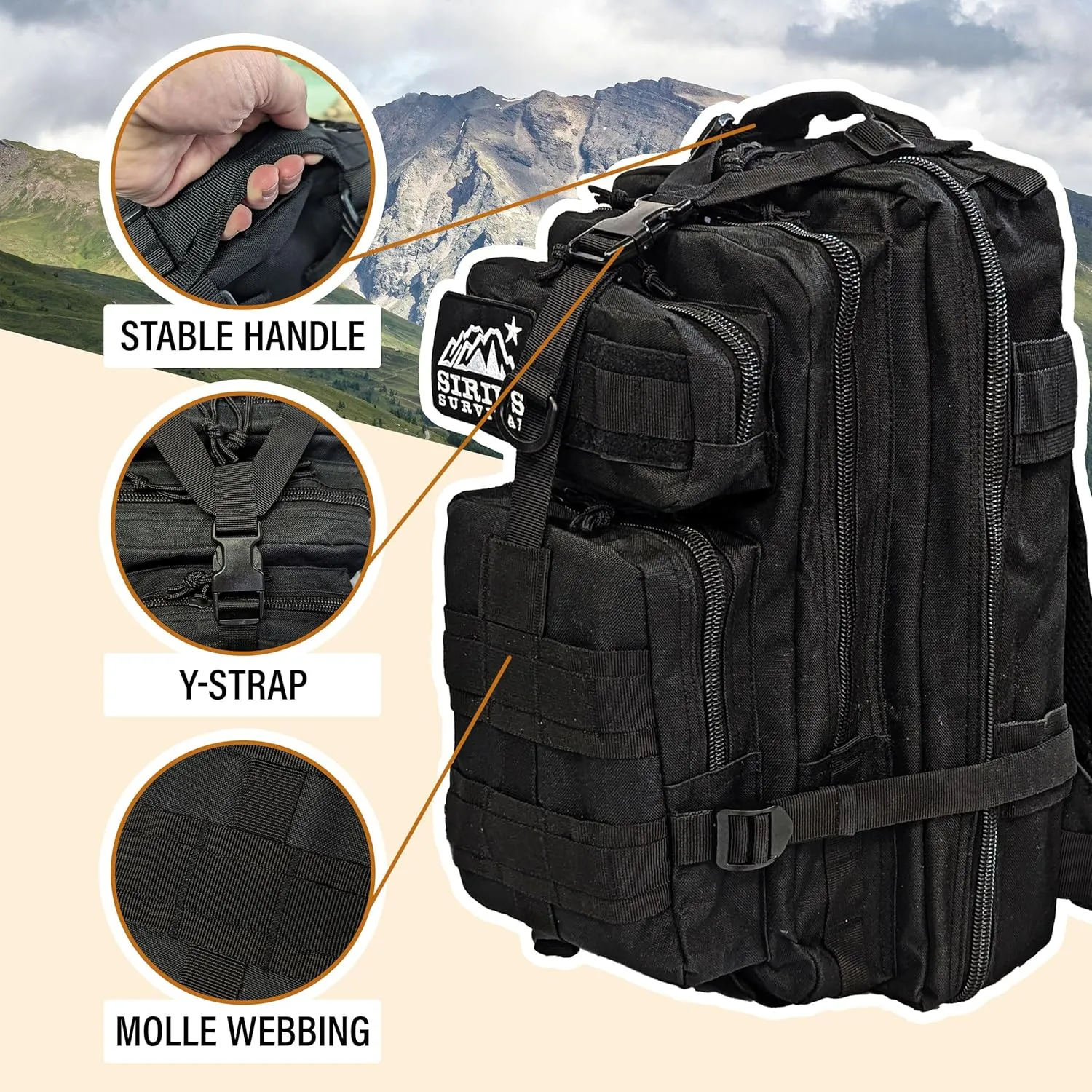 Sirius Tactical Backpack - 30L Capacity - Heavy Duty 900D Polyester - Hunting, Hiking or Camping Backpack – Military Backpack (Black)