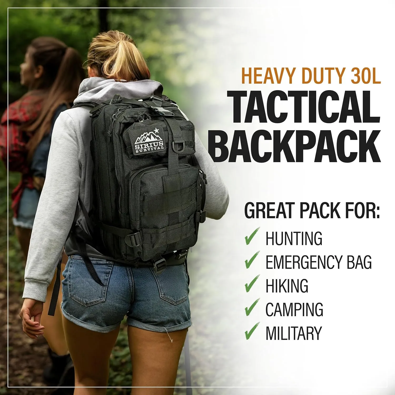 Sirius Tactical Backpack - 30L Capacity - Heavy Duty 900D Polyester - Hunting, Hiking or Camping Backpack – Military Backpack (Black)