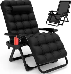 Slendor Zero Gravity Chair, Zero Gravity Lounge Recliner Chair w/Cup Holder Tray & Headrest, Upgraded Lock, Removable Cushion, Outdoor Indoor Patio Folding Reclining Chairs, Black