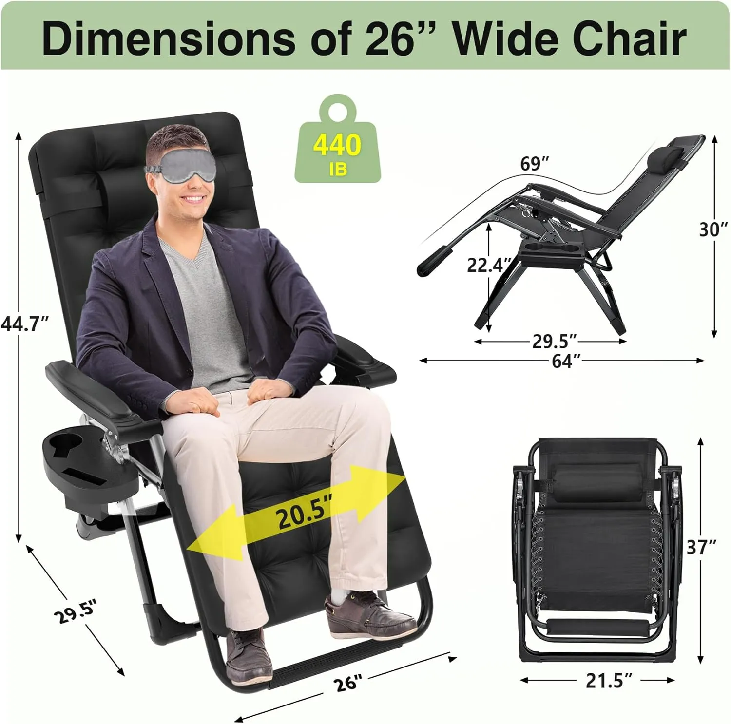 Slendor Zero Gravity Chair, Zero Gravity Lounge Recliner Chair w/Cup Holder Tray & Headrest, Upgraded Lock, Removable Cushion, Outdoor Indoor Patio Folding Reclining Chairs, Black