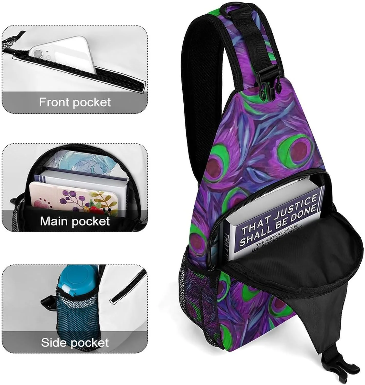 Sling Shoulder Backpack for Men Women Multipurpose Anti-Theft Gym Bags Sack Daypack Outdoor Backpack Carry On Bag, Beautiful Peacock Feathers Art Shoulder Crossbody Bag Chest Pack