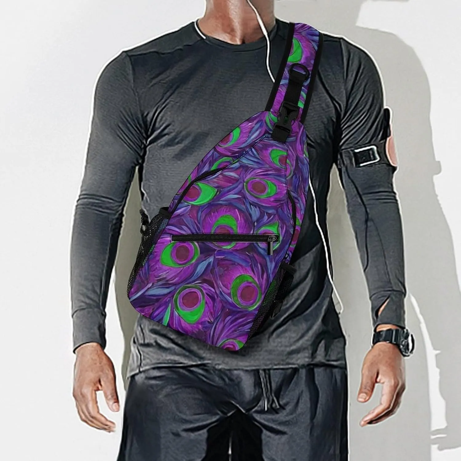 Sling Shoulder Backpack for Men Women Multipurpose Anti-Theft Gym Bags Sack Daypack Outdoor Backpack Carry On Bag, Beautiful Peacock Feathers Art Shoulder Crossbody Bag Chest Pack