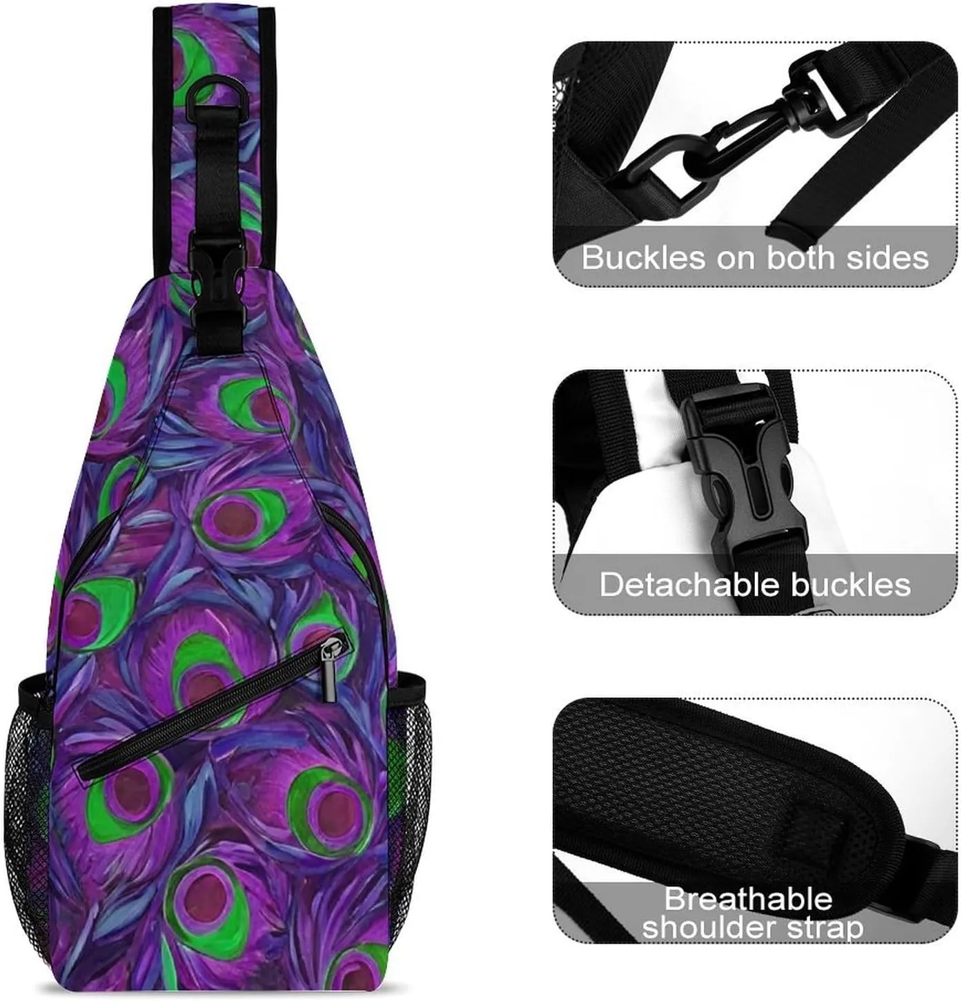 Sling Shoulder Backpack for Men Women Multipurpose Anti-Theft Gym Bags Sack Daypack Outdoor Backpack Carry On Bag, Beautiful Peacock Feathers Art Shoulder Crossbody Bag Chest Pack