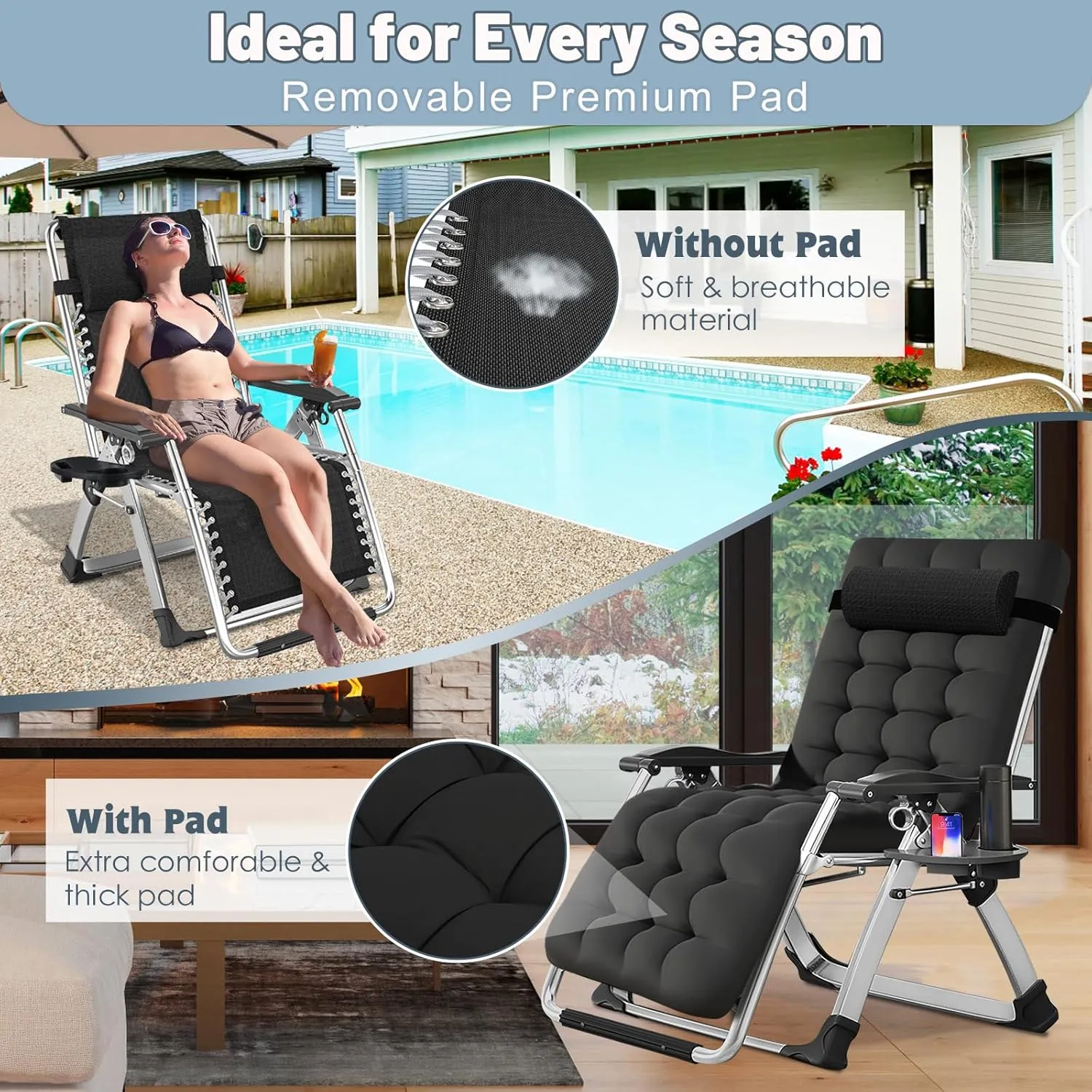 Slsy Zero Gravity Chair, Reclining Lounge Chair with Removable Cushion & Tray for Indoor and Outdoor, Patio Recliner Folding Reclining Chair