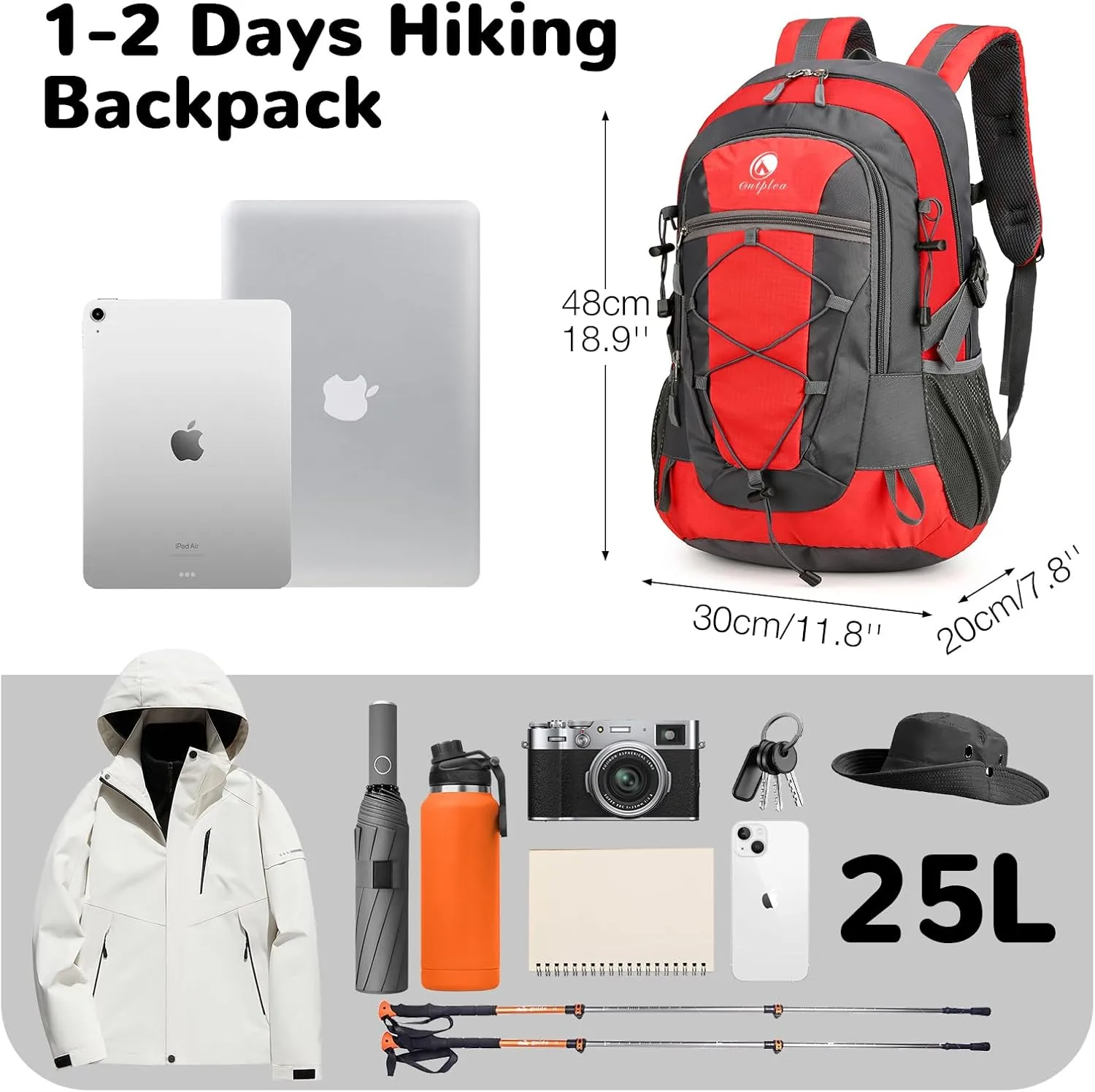Small Hiking Backpack, 25L Hiking Bag, Lightweight Backpack, Waterproof Day Pack, Outdoor Daypack for Men Women, Red
