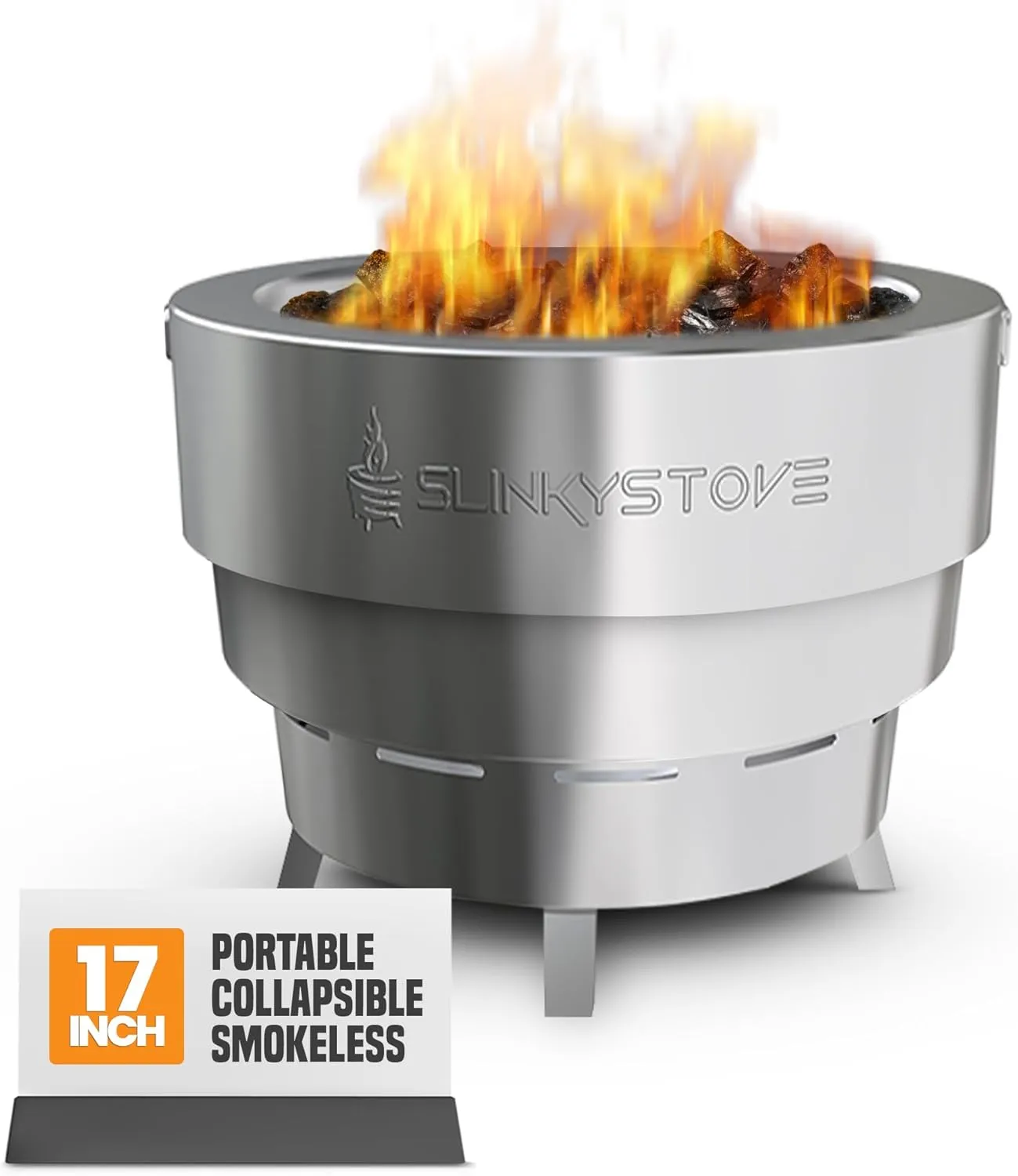 Smokeless Fire Pit for Outdoor Wood-Burning – Portable, Compact & Foldable Design for Camping, Bonfires, Tiny Cabin, Ventless Burn, Solo Pits, and Backyard Use – Stainless Steel, 17-Inch Slinky Stove