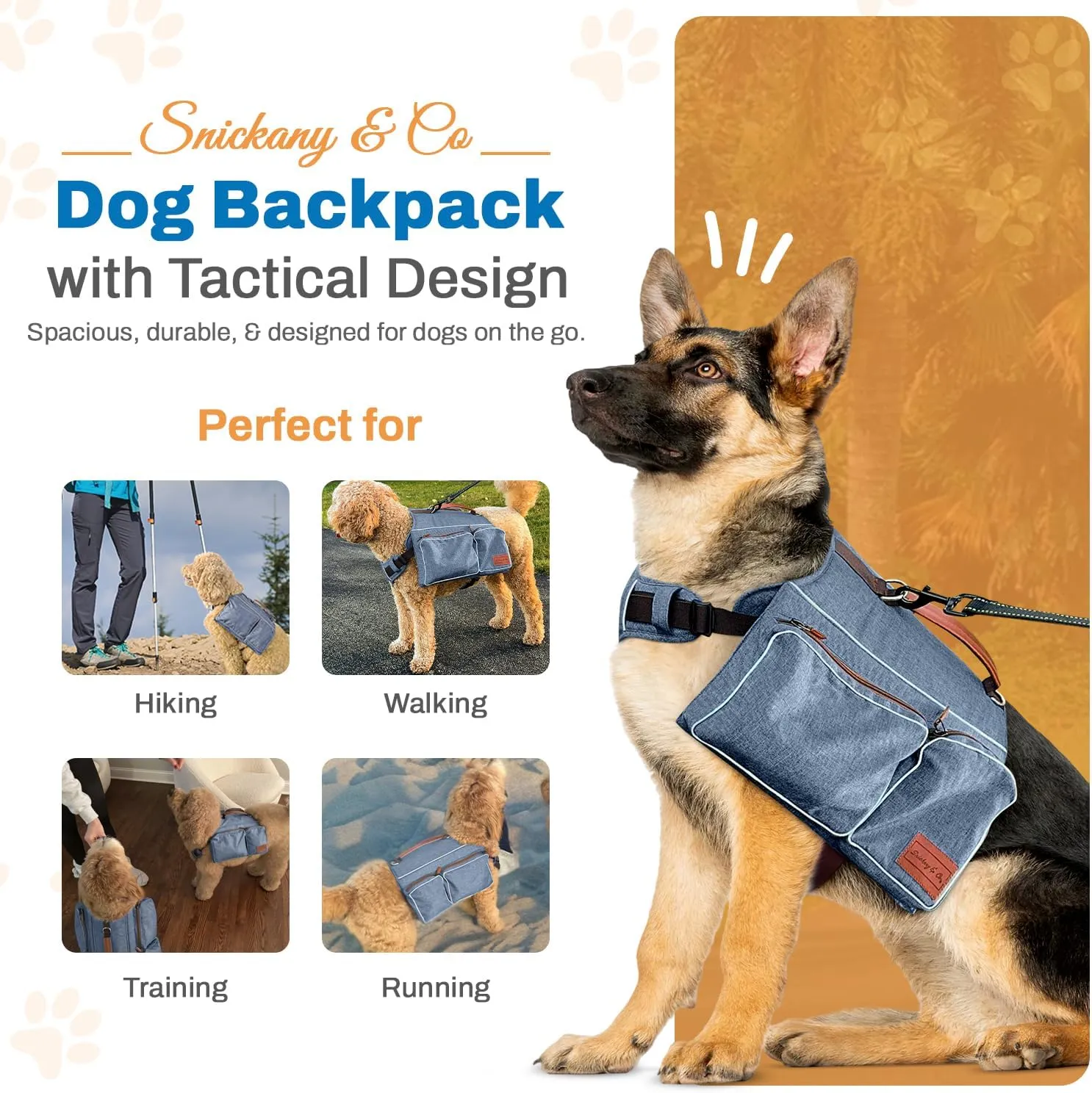 Snickany & Co. Dog Backpack Harness for Medium & Large Dogs, Heavy Duty Tactical Pet Backpack for Dogs with 4 Large Pockets for Hiking Walking Training Running, Blue