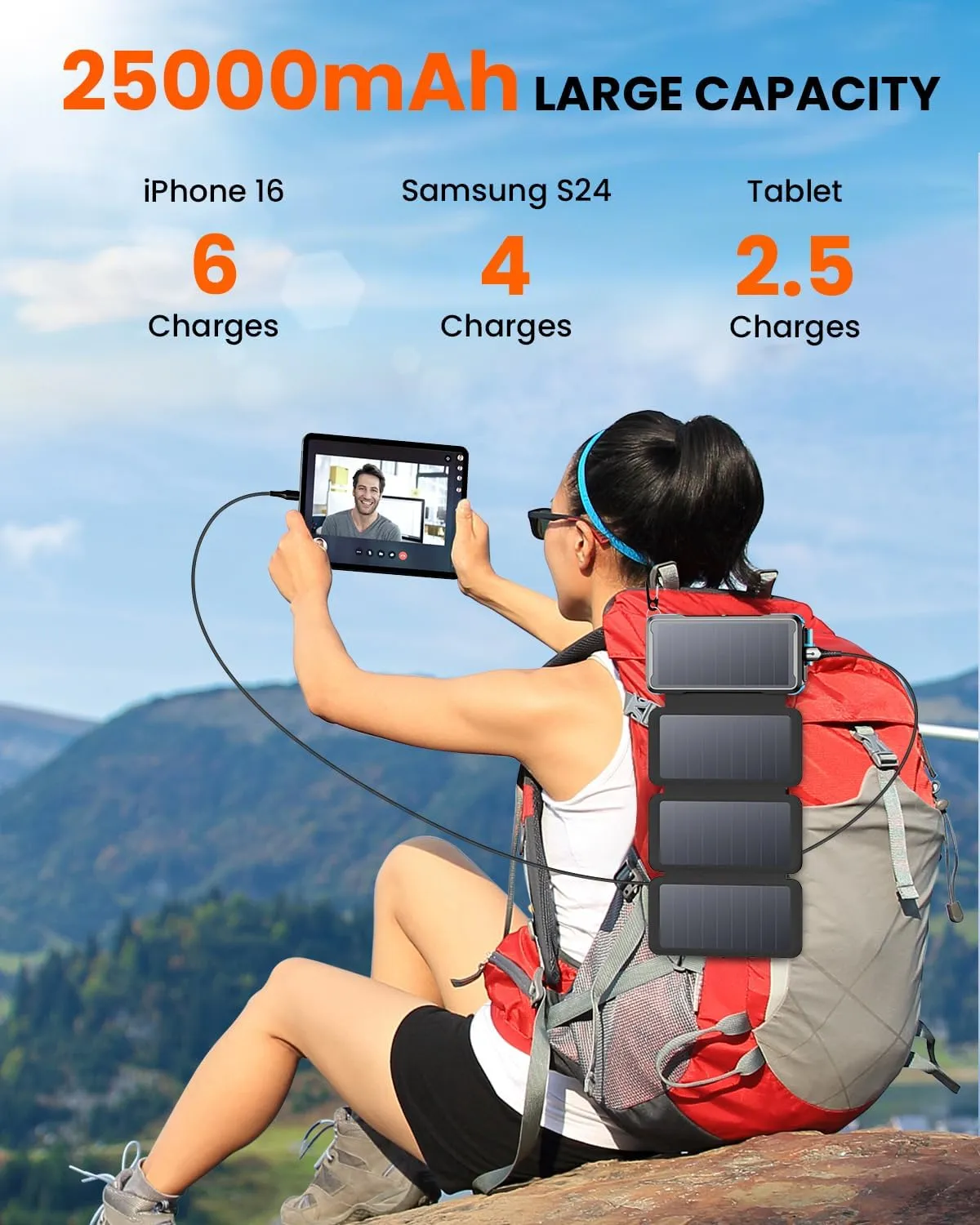 SOARAISE Solar Charger 25000mAh Wireless Portable Charger, 20W Fast Charging Power Bank with Built-in 3 Cables, PD QC 3.0 Phone Battery Pack with 4 Solar Panels & Flashlights for Camping (Blue)
