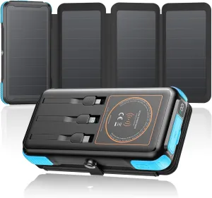 SOARAISE Solar Charger 25000mAh Wireless Portable Charger, 20W Fast Charging Power Bank with Built-in 3 Cables, PD QC 3.0 Phone Battery Pack with 4 Solar Panels & Flashlights for Camping (Blue)