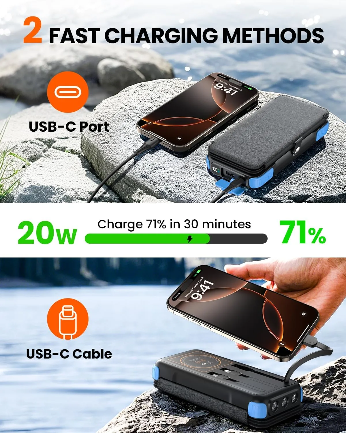 SOARAISE Solar Charger 25000mAh Wireless Portable Charger, 20W Fast Charging Power Bank with Built-in 3 Cables, PD QC 3.0 Phone Battery Pack with 4 Solar Panels & Flashlights for Camping (Blue)