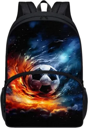 Soccer Fire Print Kids Backpack for Teen Boys Elementary Primary School Bookbags 17" Inch Computer Bag for Back to School Gifts Back Pack for Junior Student