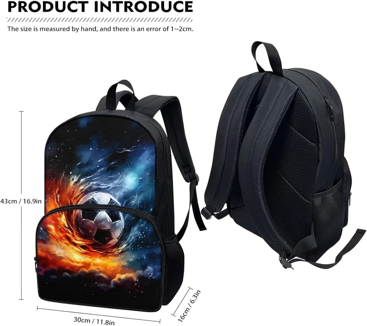 Soccer Fire Print Kids Backpack for Teen Boys Elementary Primary School Bookbags 17" Inch Computer Bag for Back to School Gifts Back Pack for Junior Student