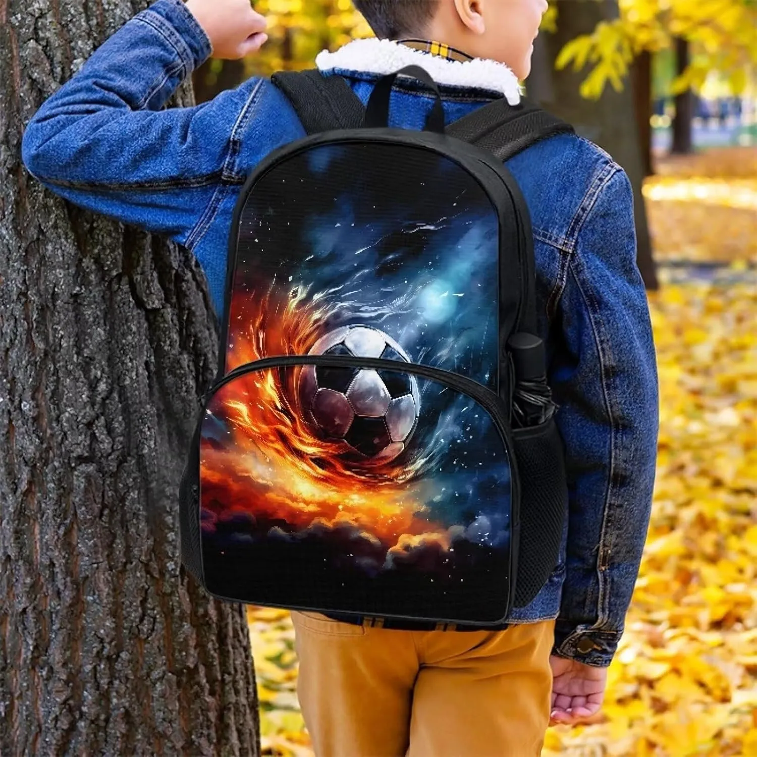 Soccer Fire Print Kids Backpack for Teen Boys Elementary Primary School Bookbags 17" Inch Computer Bag for Back to School Gifts Back Pack for Junior Student