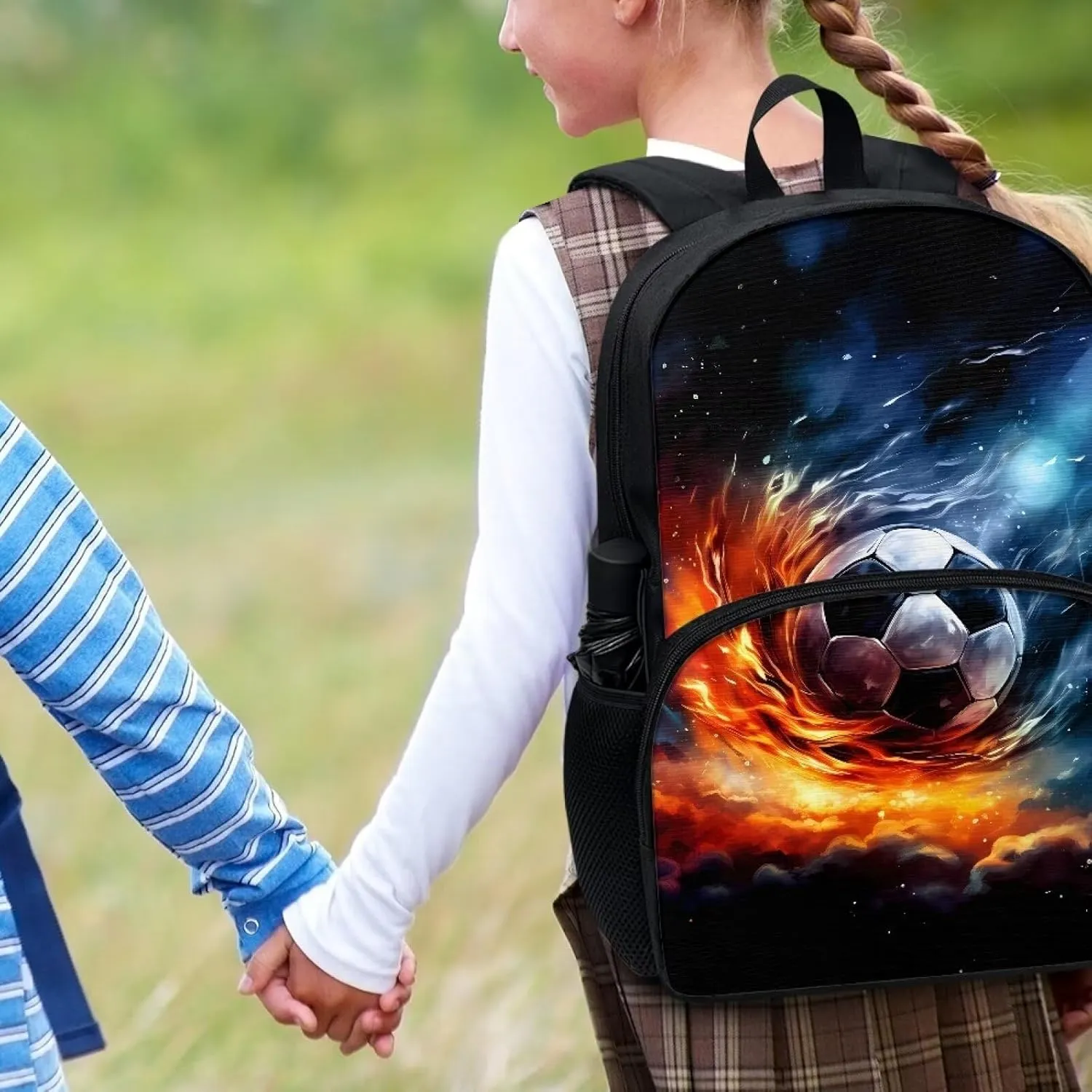 Soccer Fire Print Kids Backpack for Teen Boys Elementary Primary School Bookbags 17" Inch Computer Bag for Back to School Gifts Back Pack for Junior Student