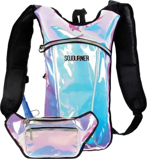 Sojourner Rave Hydration Pack Backpack (2 Pocket Holographic Blue) Bundle with Holographic Rave Fanny Pack (Luminous Pink & Blue)