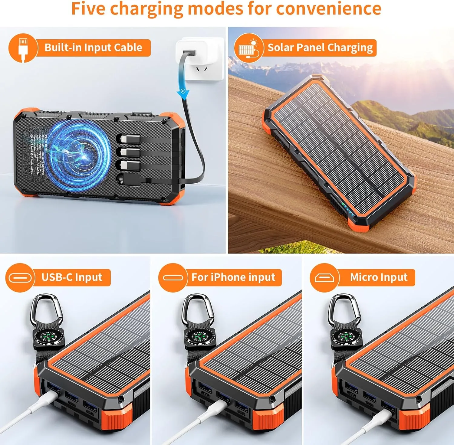 Solar Charger Power Bank 49800mAh Wireless Charger QC 3.0 Fast Charging Power Bank 8 Outputs 4 Inputs Solar Portable Charger Compatible with All Mobile Devices,SOS/Strobe/Strong Flashlights (orange)