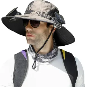 Solar Fan Hat, 2025 Outdoor Wide Brim Sun Hat, Adjustable Range 56-60cm, Sun Bucket Fishing Hats, with 2 Solar Fans