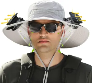 Solar Fan Hat for Men - Dual-Powered UPF 50  Wide Brim Hat, Solar & USB Rechargeable Outdoor Fishing Hat for Camping, Hiking