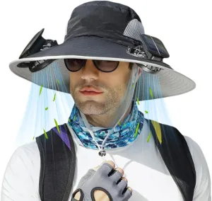 Solar Fan Hat for Men Women,Outdoor Fishing Wide Brim Sun Hat with Fans Built in Solar Power UPF 50  Bucket Fishing & Beach
