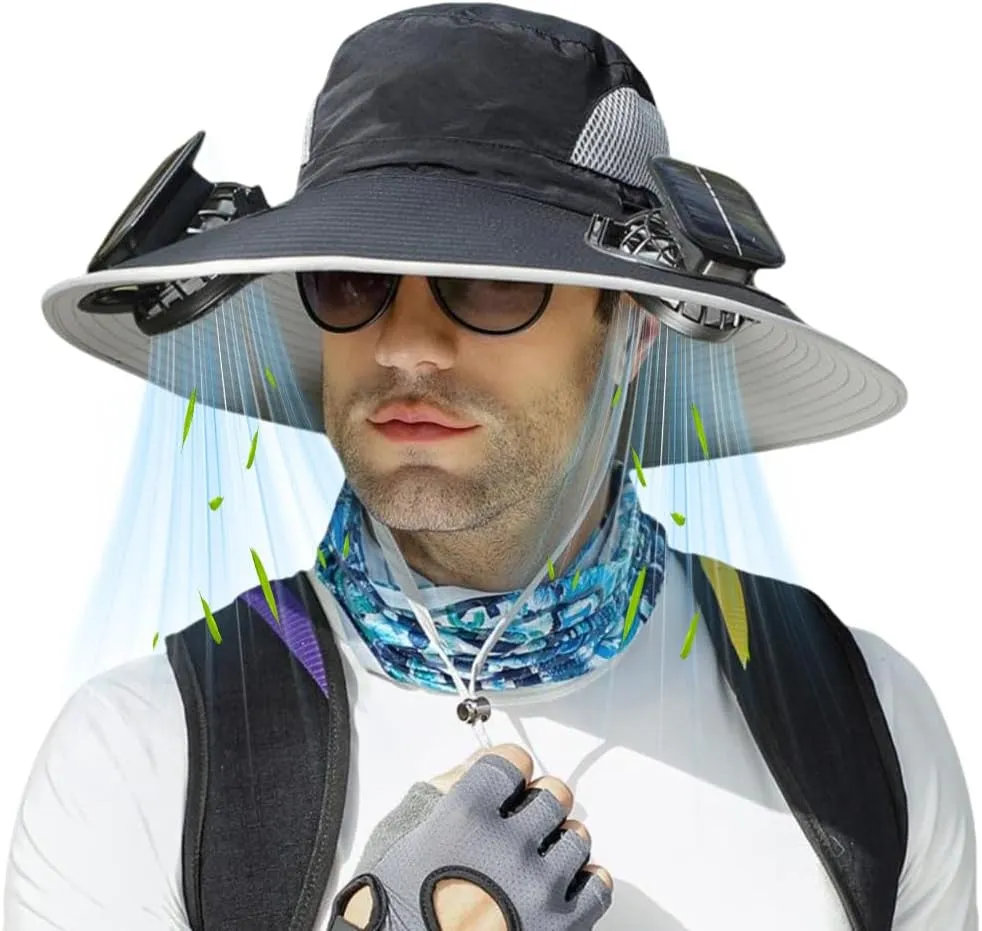 Solar Fan Hat for Men Women,Outdoor Fishing Wide Brim Sun Hat with Fans Built in Solar Power UPF 50  Bucket Fishing & Beach
