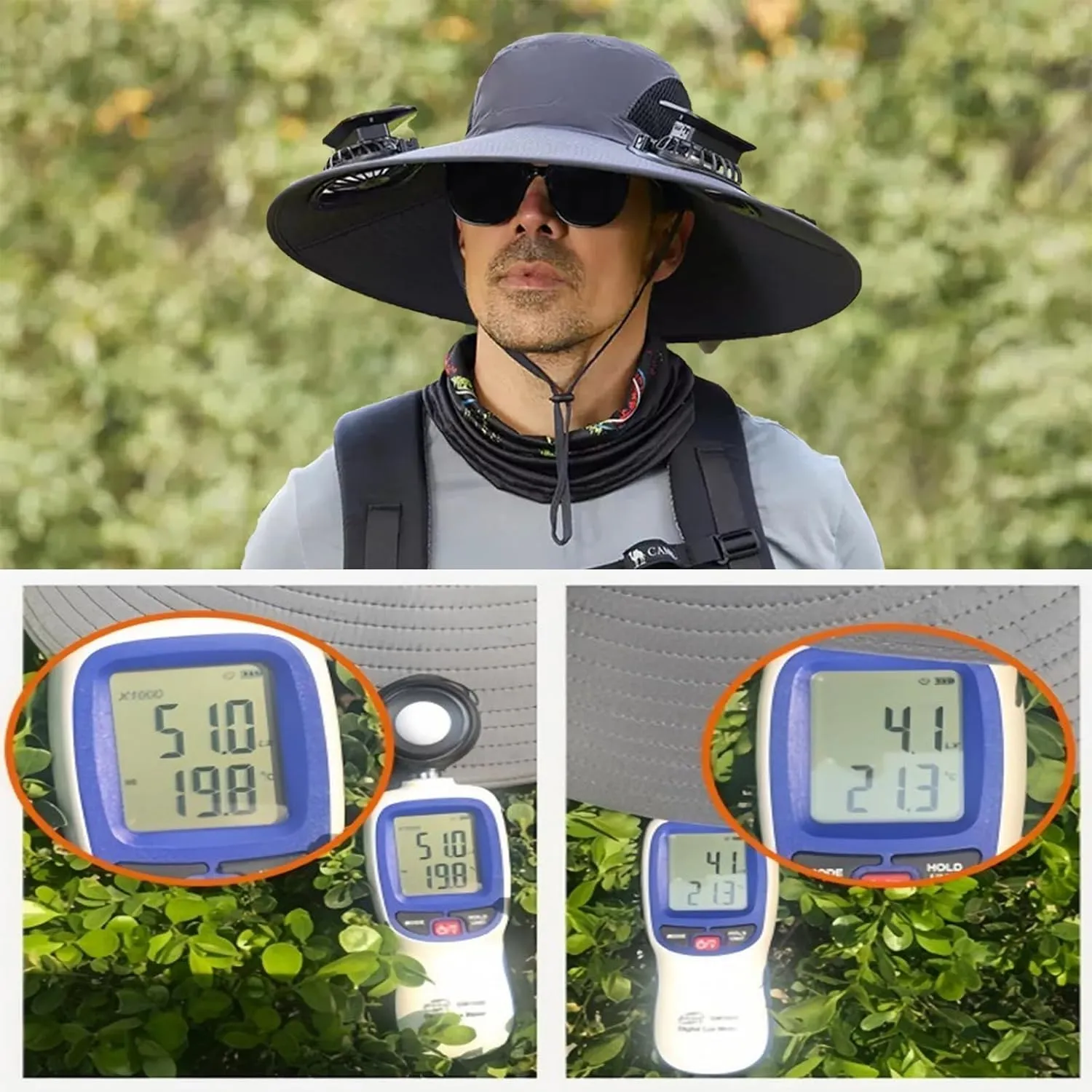 Solar Fan Hat Men Women Mens Outdoor Wide Brim Sun Hat with 2 Solar Fan Fishing hat-Removable&USB Charging Fans