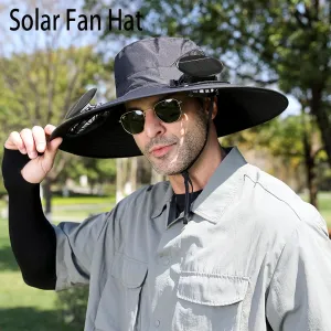 Solar Fan Hat, Wide Brim Solar Powered Fan Hat Outdoor Fishing, Hat with Fans Solar Power with Removable&USB Charging for Men