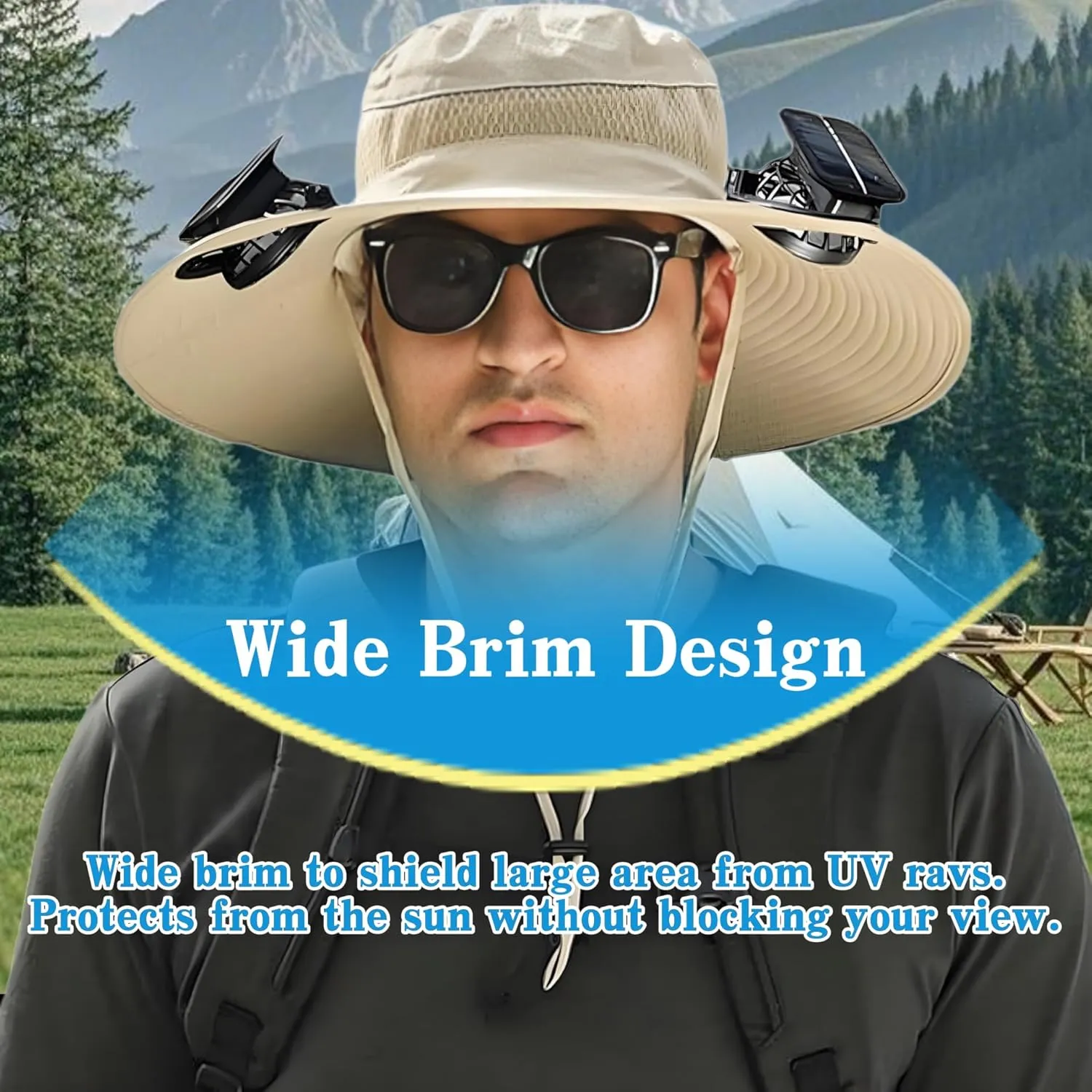Solar Fan Hat, Wide Brim Sun Hat with 2 Solar Fan Built,Waterproof Outdoor Fishing Hat for Men Women UPF 50 