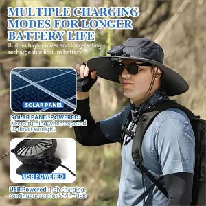 Solar Fan Hat, Wide Brim Sun Hat with 2 Solar Fan,for Outdoor Hiking Gardening, USB Solar Charging(Grey)