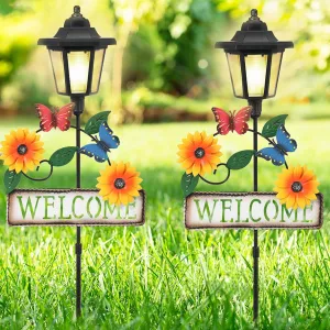 Solar Garden Lights Butterfly, 37.4 Inch Solar Lamp Post Light with Welcome Sign & Butterflies, Outdoor Waterproof Solar Stake Lights for Yard Porch Patio Pathway Gardening Gifts, 2 Pack
