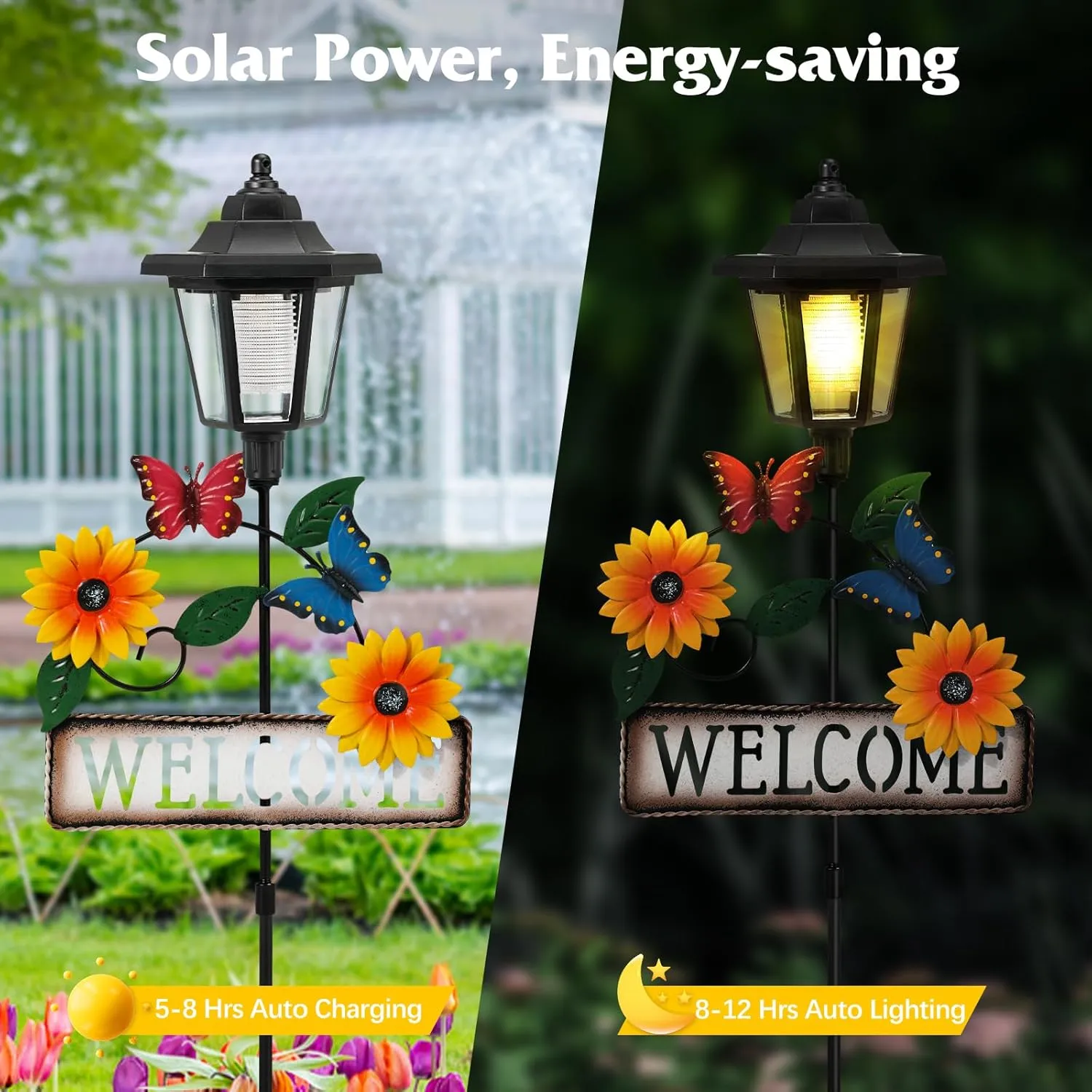 Solar Garden Lights Butterfly, 37.4 Inch Solar Lamp Post Light with Welcome Sign & Butterflies, Outdoor Waterproof Solar Stake Lights for Yard Porch Patio Pathway Gardening Gifts, 2 Pack