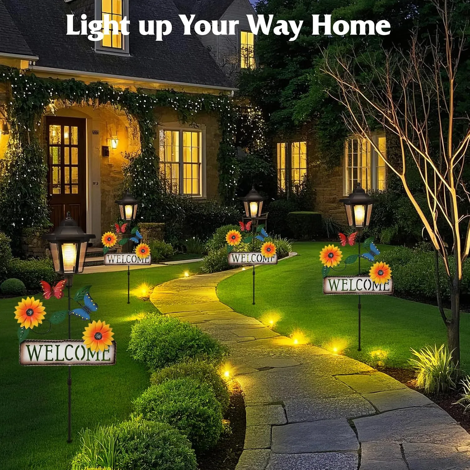 Solar Garden Lights Butterfly, 37.4 Inch Solar Lamp Post Light with Welcome Sign & Butterflies, Outdoor Waterproof Solar Stake Lights for Yard Porch Patio Pathway Gardening Gifts, 2 Pack