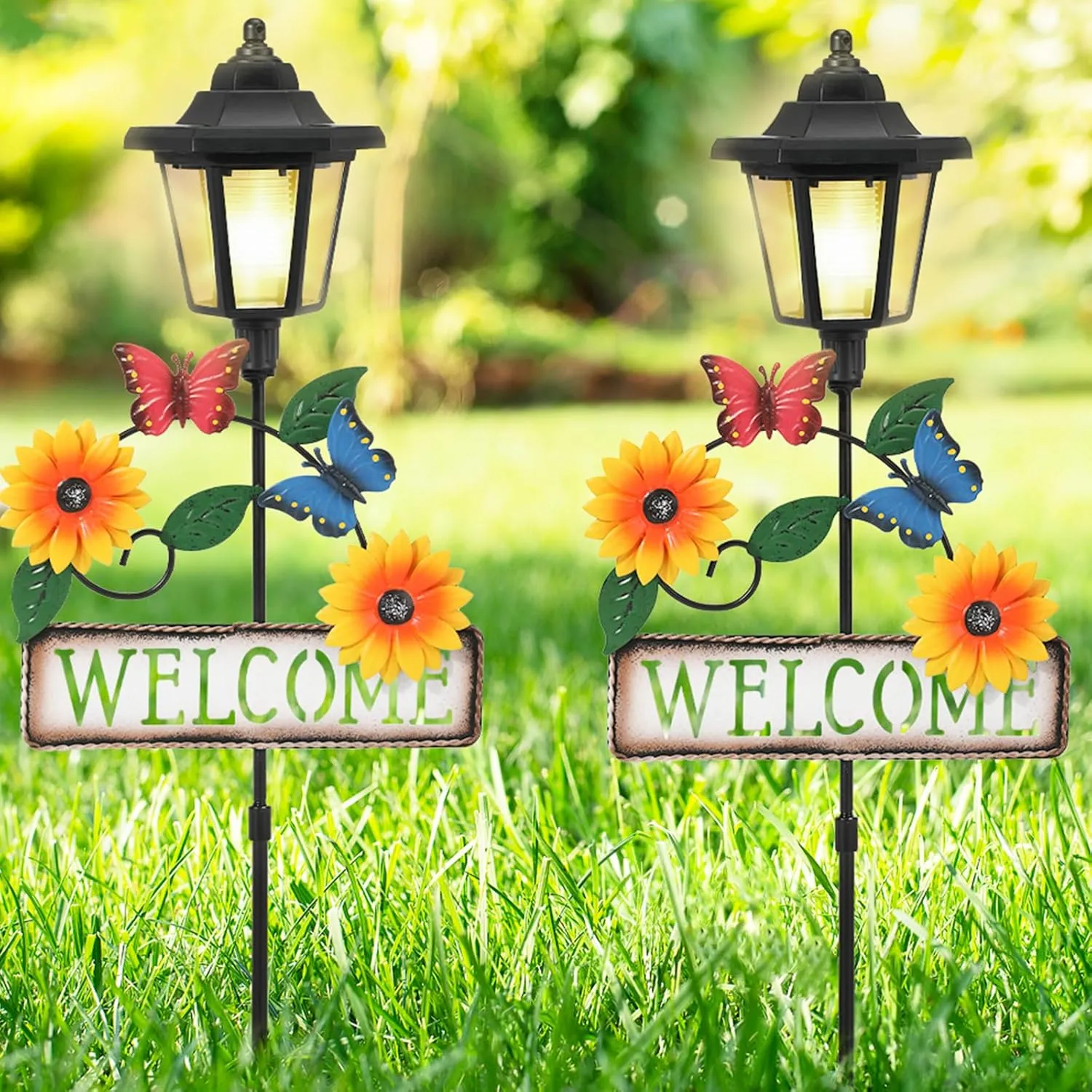 Solar Garden Lights Butterfly, 37.4 Inch Solar Lamp Post Light with Welcome Sign & Butterflies, Outdoor Waterproof Solar Stake Lights for Yard Porch Patio Pathway Gardening Gifts, 2 Pack