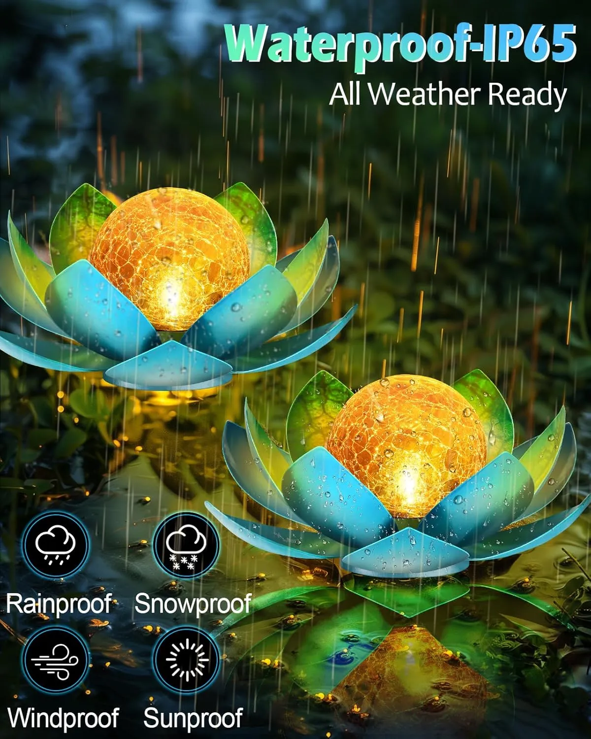 Solar Lights Outdoor Waterproof Garden, Crackle Globe Glass Lotus Decoration, Solar Power LED Ball Metal Flower for Path Yard Patio Lawn Walkway Pool Tabletop Landscape (Blue)