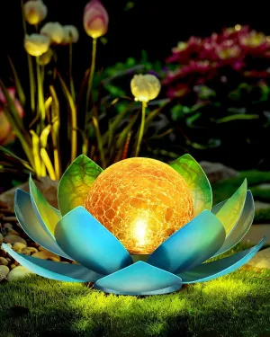 Solar Lights Outdoor Waterproof Garden, Crackle Globe Glass Lotus Decoration, Solar Power LED Ball Metal Flower for Path Yard Patio Lawn Walkway Pool Tabletop Landscape (Blue)