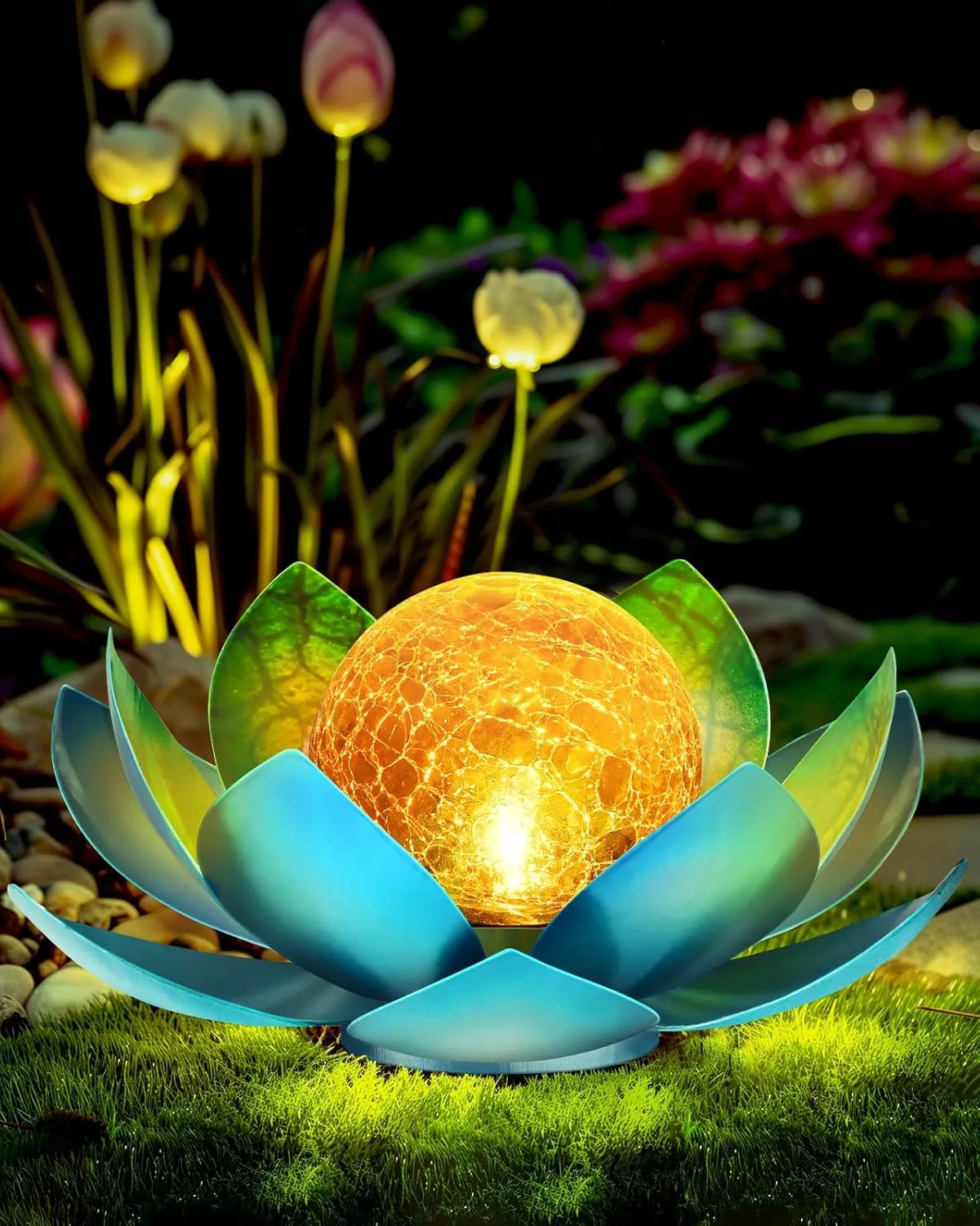 Solar Lights Outdoor Waterproof Garden, Crackle Globe Glass Lotus Decoration, Solar Power LED Ball Metal Flower for Path Yard Patio Lawn Walkway Pool Tabletop Landscape (Blue)