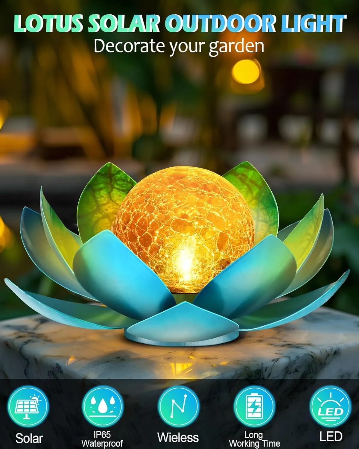 Solar Lights Outdoor Waterproof Garden, Crackle Globe Glass Lotus Decoration, Solar Power LED Ball Metal Flower for Path Yard Patio Lawn Walkway Pool Tabletop Landscape (Blue)