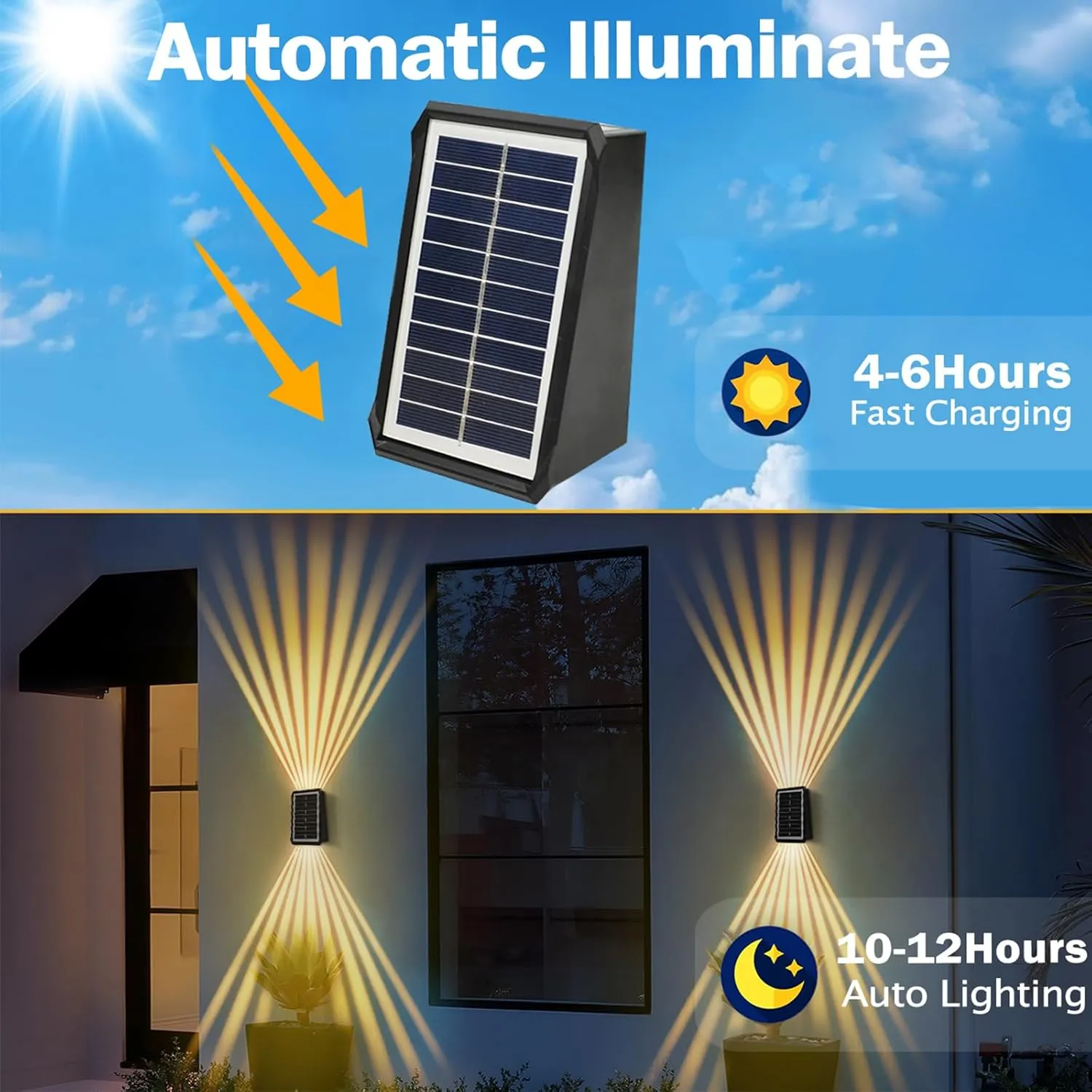 Solar Outdoor Wall Lights, Up & Down Solar Powered Lighting, Waterproof IP65 Fence Light for Yard/Pool/Porch/Patio/Railing (2 Led-Warm Light, 4 Pack)